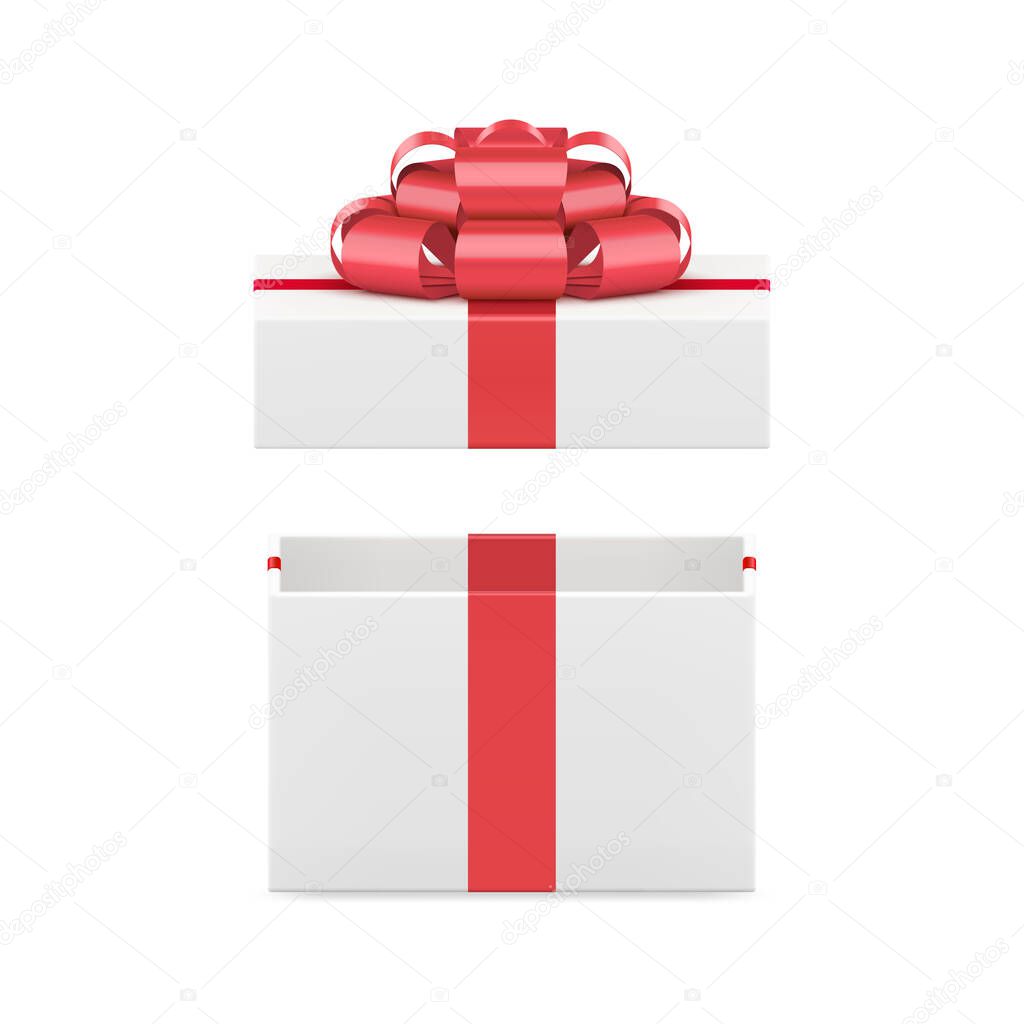 White elegant open gift box with luxury red bow festive present 3d icon realistic vector illustration. Romantic wrapped rectangular package for holiday prize surprise birthday anniversary congrats
