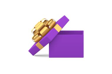 Mor ambalajlı lüks hediye paketi. Altın fiyonk 3D ikon gerçekçi vektör illüstrasyonu. Violet premium moda paketi bayram hediyesi Noel doğum günü yıldönümü hediyesi. Tebrikler.