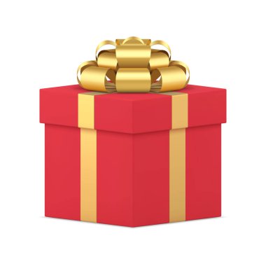 Kırmızı lüks hediye kutusu, altın kurdele hediye paketi 3D gerçekçi vektör illüstrasyonu. Sevgililer Günü 'nün sürpriz yıldönümünü kutlamak için paketlenmiş kareli konteynır.