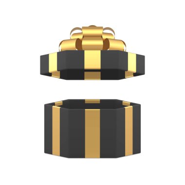 Altın yay kurdeleli siyah stil lüks hediye paketi 3D gerçekçi vektör illüstrasyonu. Erkek kutlama sürprizi için moda şık birinci sınıf altıgen hediye paketi