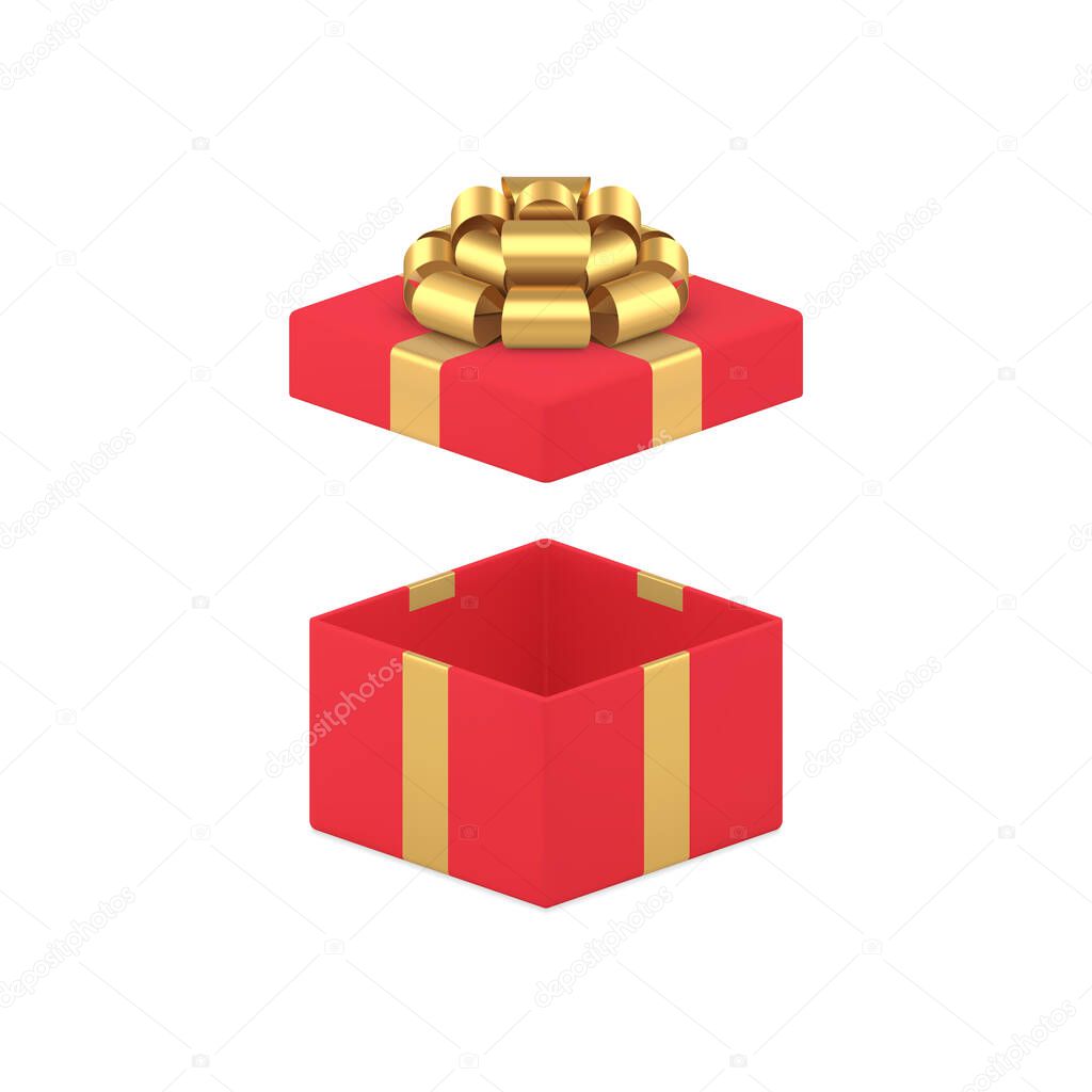 Red fashion open gift box with luxury golden bow ribbon empty pack 3d icon realistic vector illustration. Premium squared wrapped container for greeting holiday festive present anniversary celebrate