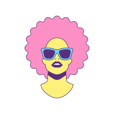 Güneş gözlüklü, Y2k Afrikalı bir kadın. Yazın tuhaf bir portre. Simge vektörü düz çizimi. Çizgi roman Afro pembe saç stili kadın baş moda modern pop sanatları moda reklam afiş tişörtü baskısı