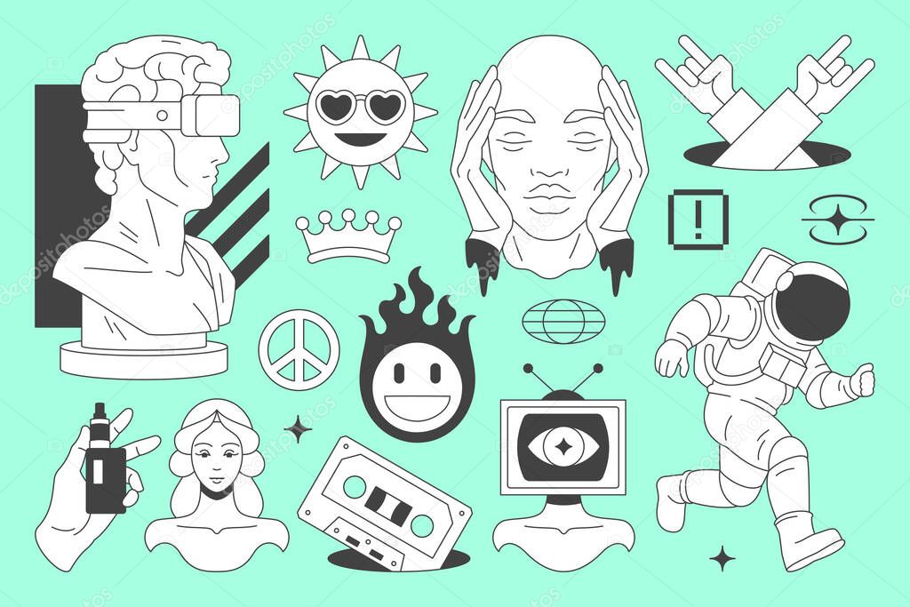 Y2k minimal comic retro groovy line icon contemporary pop art futuristic concept set vector flat illustration. Psychedelic funky sculpture bust astronaut sun rock cool tape cassette sketch sticker