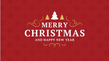 Mutlu Noeller kırmızı klasik pankart, köknar ağacı illüstrasyonuyla kıvrımlı süsleme şablonu. Mutlu yıllar geçmişe dönük selamlaşma afişi kar taneleri dekorasyonu geleneksel kış tatili