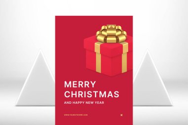 Kırmızı prim Mutlu Noeller kartı bayram kutlaması hediye kutusu dekoratif gerçekçi 3D ikon vektör illüstrasyonu. Moda klasiği Mutlu yıllar afişi altın fiyonklu sürpriz paketi