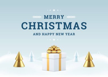 Mutlu Noeller ve mutlu yıllar moda tebrik kartı kar ladini gerçekçi 3D ikon vektör çizimi. Kış tatili tebrik ederim bayram afişi paketlenmiş hediye kutuları