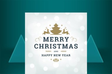 Mutlu Noeller. Tebrik kartı. Kar tanesi aydınlatmalı. Dekoratif tasarım vektörü çizimi. Yeni yılınız kutlu olsun altın kıvrımlı bayrak geyik festivali ladin poster dekorasyonu.