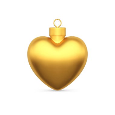 Asılı vektör illüstrasyonu için döngüsü olan gerçekçi Noel oyuncağı parlak altın metalik kalp şekli. Şatafatlı Xmas süslü ladin dekorasyonu sürpriz sevgi sembolü mevsimsel amblemi