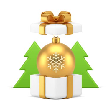 Lüks Noel hediyesi, yeşil ladin 3d gerçekçi vektör resimli altın top oyuncağı. Birinci sınıf Xmas Geleneksel karşılama sürpriz metalik mücevheri konteynır paketinde kar tanesi
