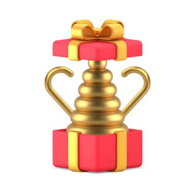 Lüks Noel hediyesi, kırmızı paket 3d ikon gerçekçi vektör illüstrasyonuyla altın ladin. Premium Xmas yılbaşı sürprizi. Soyut köknar ağacı. Metalik pahalı şeker kamışı şenliği dekoru.