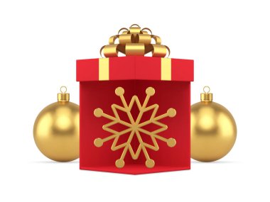 Kırmızı hediye kutusundaki Noel altın kar tanecikli top oyuncağı dekor 3 boyutlu gerçekçi vektör çizimi. Xmas yılbaşı süprizi sunar kar süsleri kar kristali kış tatili