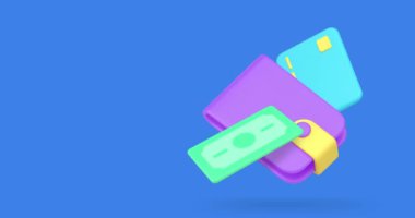 Para dolu cüzdan. Finansal bankacılık afişi. Uzay 3 boyutlu ikon animasyon döngüsü. Mali bütçe birikimi, tasarruf, maaş, iş dünyası, alışveriş, ticari ödeme.