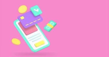 Çevrimiçi bankacılık dijital cüzdan akıllı telefon uygulama pankartı 3d kopyalama alanı simge canlandırma döngüsü. İnternet alışverişi ödeme finansal hesabı elektronik para işlem hizmetleri