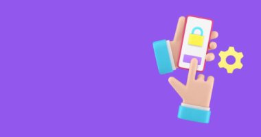 Smartphone kişisel veri kullanıcı koruma pankartı 3d kopyalama alanı simge canlandırma döngüsüne sahip. İş adamı elinde cep telefonu kilidi tanımlama güvenlik ayarları