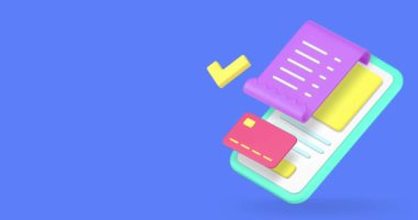 Onaylanmış ödeme çevrimiçi bankacılık akıllı telefon uygulama afişi 3d kopyalama alanı canlandırma döngüsü. İnternetten alışveriş satın alma başarısı faturalı cep telefonu uygulaması
