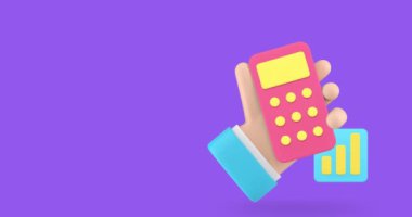 İş muhasebe finansal analiz bütçe hesaplama afişi kopya alan 3D simge animasyonu. Hesap makinesi harcamaları ve kazanç dengesi çizelgesi tutan bir erkek.