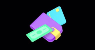 Para dolu cüzdan. Finansal bankacılık afişi. Uzay 3 boyutlu ikon animasyon döngüsü. Mali bütçe birikimi, tasarruf, maaş, iş dünyası, alışveriş, ticari ödeme.