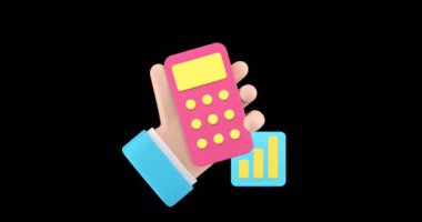 İş muhasebe finansal analiz bütçe hesaplama afişi kopya alan 3D simge animasyonu. Hesap makinesi harcamaları ve kazanç dengesi çizelgesi tutan bir erkek.