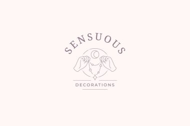 Mücevher markası çizimi için parlak kolye çizgili sanat logosu tasarımı şablonu olan eller. Moda tasarımcısı mağazası için değerli kristal doğrusal logoti olan lüks elmas aksesuar