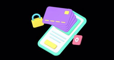 Çevrimiçi bankacılık ve para güvenliği işlemli akıllı telefon uygulaması 3D simge animasyonu alfa kanalı ile. Kredi kartı ile internet finans hizmeti cep telefonu uygulaması