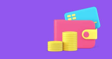 Finansal tasarruf bütçe cüzdanı, içinde kart ve para 3D ikon animasyonu var. Bankacılık hesapları ticari zenginlik dengesi zenginlik mevduat ekonomisi