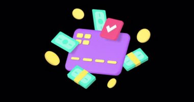 Nakit para dolarını kredi kartı onaylı işlem alanı 3D alfa kanallı simge animasyonuna gönder. Finansal bankacılık transfer para birimi dijital değişim elektronik servisi