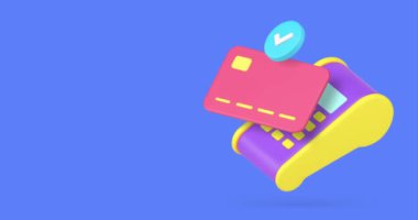POS terminal kredi kartı ödemesi onaylı işlem alanı 3d simge animasyonu. Çevrimiçi bankacılık finansal işlemleri nakitsiz ödeme başarısız