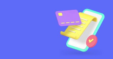 Akıllı telefon ödemesi finansal bankacılık alışveriş işlemlerini onayladı. Fotokopi alanı 3D ikon animasyonu. Cep telefonu çevrimiçi banka uygulaması ve para transferi başarılı satın alma