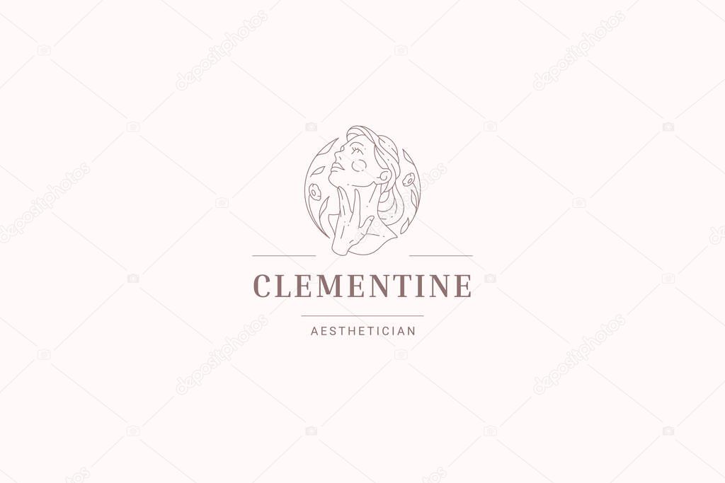Elegant feminine botanical woman portrait circle line art logo design template vector illustration. Beautiful female blossom minimalist linear logotype for organic skin hair care cosmetic brand