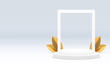 Dikdörtgen çerçeve arkaplanlı beyaz silindir 3d podyum gerçekçi vektör illüstrasyonu için. Lüks altın yapraklı hafif moda kaidesi ürün sergisi için sergi alanı