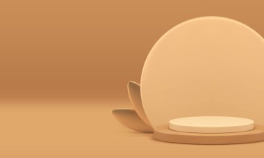 Gerçekçi vektör illüstrasyonunu göstermek için altın yapraklı bej 3d silindir podyum kaidesi. Ürün sunumu için geometrik duvar arkaplan sergi odası modeliyle nötr pastel sahne