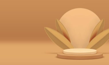 3d nötr podyum, yuvarlak duvar arkaplanı ve gerçekçi vektör illüstrasyonları için altın yaprak. Ürün sunumu için bej renkli silindir kaidesel lüks ticari geometrik stand showroom