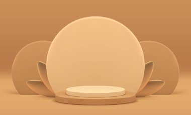 Kozmetik ürün için 3d bej renkli silindir podyum modeli gerçekçi vektör illüstrasyonunu gösteriyor. Tarafsız pastel kaidesi, yuvarlak duvar arkaplanı ve sunum için zarif altın yaprakları var.