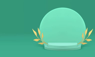 Ürün için altın yapraklı 3d yeşil geometrik podyum kaidesi gerçekçi bir vektör illüstrasyonu gösteriyor. Duvar arkası vitrinli şık lüks yarı daire standı