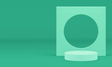 Geometrik duvar arkaplanlı 3d yeşil silindir podyum gerçekçi vektör çizimi için. Ticari ürün gösterimi için kare kare kare çerçeve modelli modaya uygun minimalist kaidesi