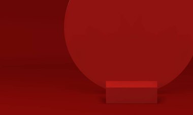3d kırmızı kare podyum kaidesi ve yuvarlak şekilli duvar arkaplanı gerçekçi vektör illüstrasyonunu gösteriyor. Ürün sunumu için modaya uygun minimalist sahne platformu çember formu