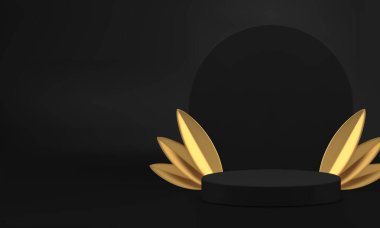 3D siyah lüks podyum gösterisi ve sunum için altın yapraklar gerçekçi vektör illüstrasyonu. Ürün reklamcılığı için yuvarlak duvar arkaplanı olan karanlık moda silindir kaidesi görüntüsü