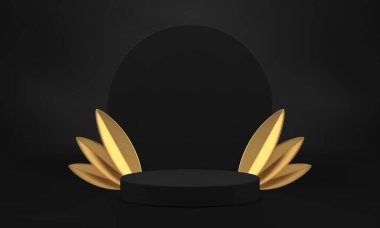 Lüks ürün sunumu için 3d siyah silindir podyum kaidesi gerçekçi vektör illüstrasyonu. Altın yapraklar ve yuvarlak duvar arkası moda prim tanıtımı ile şık bir moda gösterisi.