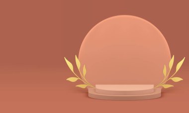Gerçekçi vektör illüstrasyonunu göstermek için altın dallı bej 3d podyum lüks kaidesi. Ürün sunumu için yuvarlak duvar arkaplan modeliyle nötr pastel yarı daire platform görünümü