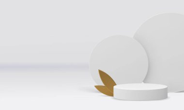 Gerçekçi vektör illüstrasyonunu göstermek için altın yapraklı beyaz 3D silindir podyum. Yuvarlak duvar arkaplanı ve alışveriş için lüks yaprak geometrik galerisi olan hafif nötr kaidesi