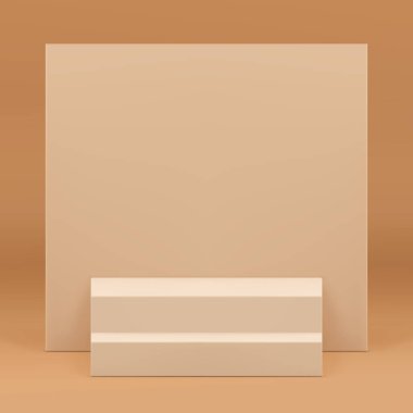 Gerçekçi vektör illüstrasyonunu göstermek için kare duvar arkaplanı olan bej renkli 3d podyum merdivenleri. Tarafsız Pastel Moda Minimalist Merdiven Kalıbı Kozmetik Ürün Sunumu Alışveriş Satışı için modelleme