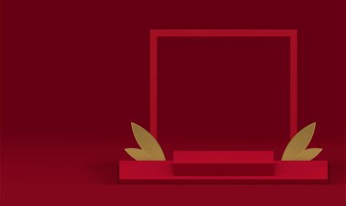 Çarpım için kare çerçeve arkaplanı olan 3d kırmızı lüks podyum kaidesi gerçekçi vektör illüstrasyonunu gösteriyor. Alışveriş sunumu için altın yapraklı zarif geometrik şekiller görüntülenir
