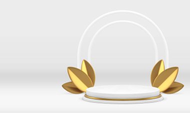 3d beyaz silindir podyum kaidesi ve gerçekçi vektör illüstrasyonunu göstermek için altın yapraklar. Ürün sunumu için kemer duvarı arkaplan ticari vitrinli şık lüks ışık görüntüsü