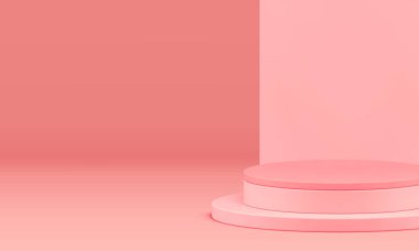 3D silindir podyum pembe kadın galerisi kozmetik ürün gerçekçi vektör çizimi için hazırlanıyor. Güzellik alışveriş sunumu için şık bir moda duvar arka plan minimalist vitrini