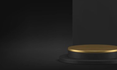 Çarpım için 3D siyah lüks podyum şık sergi salonu gerçekçi vektör illüstrasyonunu gösteriyor. Premium silindir kaidesel karanlık vitrin arkaplanı ve altın dekoratif elementi olan görüntü alanı
