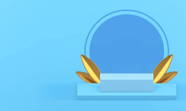 Ürün için altın yapraklı 3D mavi podyum gerçekçi vektör illüstrasyonunu gösteriyor. Zarif lüks kare kaidesi ve yuvarlak duvar arkaplanı tanıtımı ticari reklamlar için.