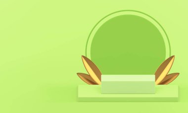3D açık yeşil podyum ve sunum için altın yapraklar gerçekçi vektör illüstrasyonu. Moda şık lüks kare kaidesi ve ürün satışı için yuvarlak duvar arkaplanı.