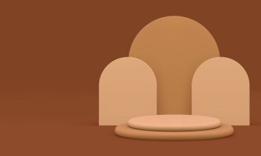 Ürün için 3d bej renkli silindir podyum kaidesi modeli gerçekçi vektör illüstrasyonunu gösterir. Reklam için yarı daire duvar arkaplanı olan nötr kahverengi minimalist vitrin