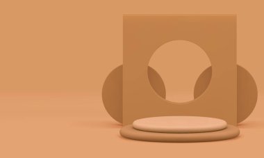 Kozmetik ürün için bej 3d geometrik podyum gerçekçi vektör illüstrasyonunu gösteriyor. Tarafsız pastel minimalist görüntü silindir kaidesi ve soyut şekil duvar arkaplanı sunum için