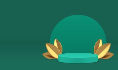 Yeşil 3d silindir podyum kaidesi ve altın yapraklı gerçekçi vektör illüstrasyonu. Alışveriş sunumu için yarı yuvarlak duvar arkaplan vitrinli şık bir lüks gösteri.